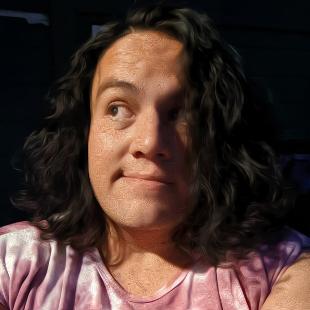 A stylized, painterly portrait of Ellis Arcwolf, a light-skinned Latina with dark, curly hair and expressive, wide eyes looking to the right. She wears a light pink t-shirt and has a slight, playful smirk that conveys warmth and confidence.