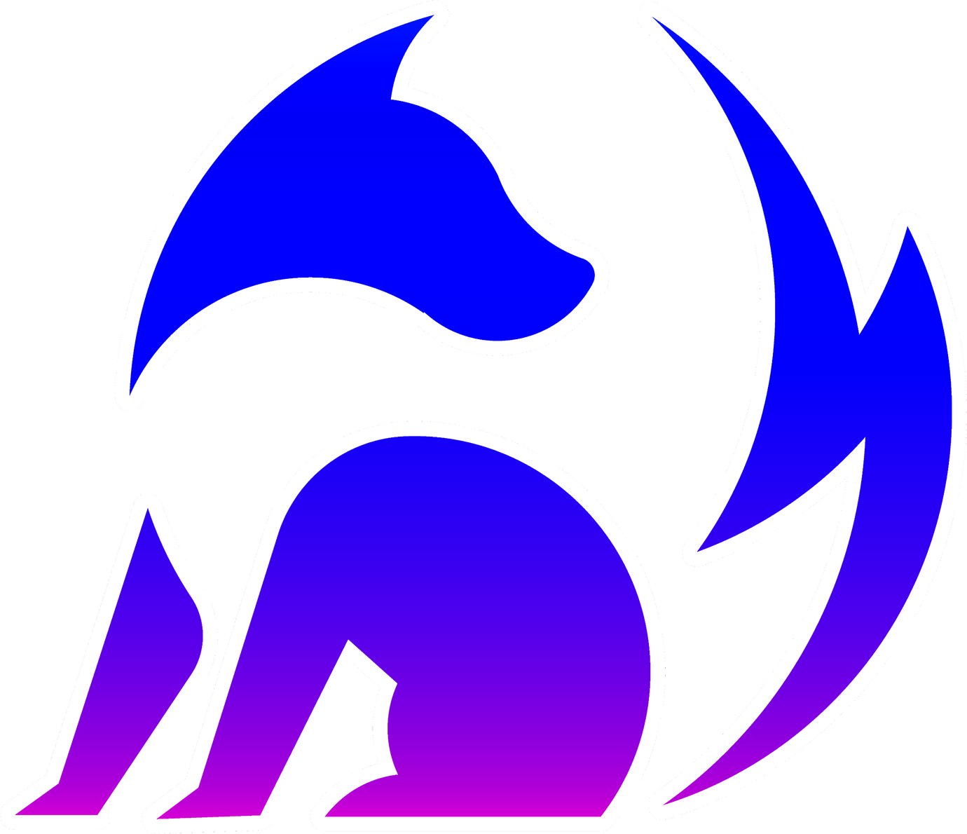 Minimalist logo featuring a stylized, geometric wolf's head in a vibrant gradient that shifts from vivid royal blue to hot purple-pink. The logo is outlined in white and set against a transparent background.